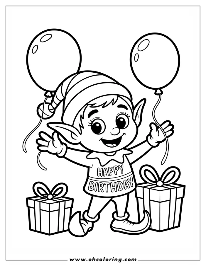 Line art of a Christmas elf celebrating a birthday, holding balloons and standing near wrapped gifts.