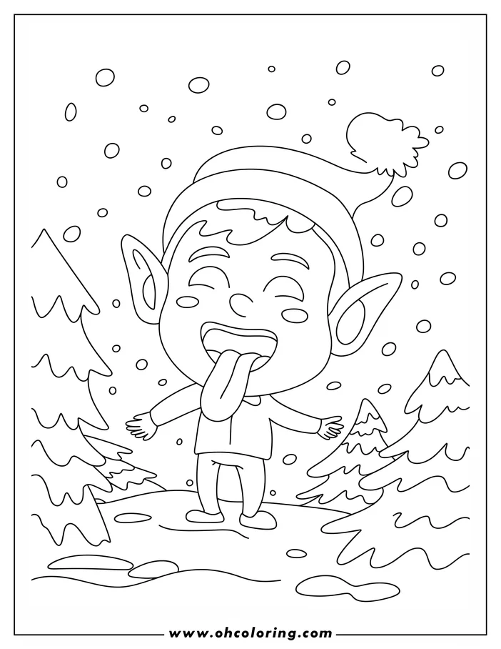 Line art of a Christmas elf catching snowflakes on his tongue in a snowy forest.
