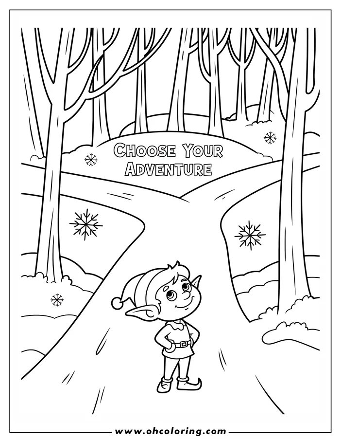 Line art of a Christmas elf standing at a crossroads in a snowy forest. The words 'Choose Your Adventure' are written above the diverging paths.