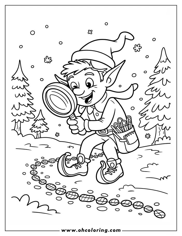 Line art of a Christmas elf following a trail of footprints through the snow using a magnifying glass, with trees in the background.