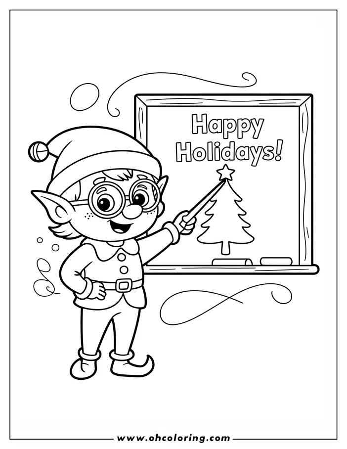Christmas elf with round glasses pointing a star-tipped wand at a Christmas tree on a Happy Holidays sign