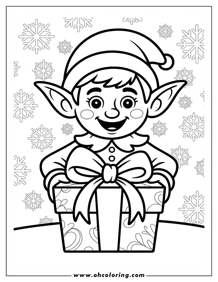 Line art of a smiling Christmas elf holding a big gift decorated with a ribbon and bow, against a backdrop of snowflakes.