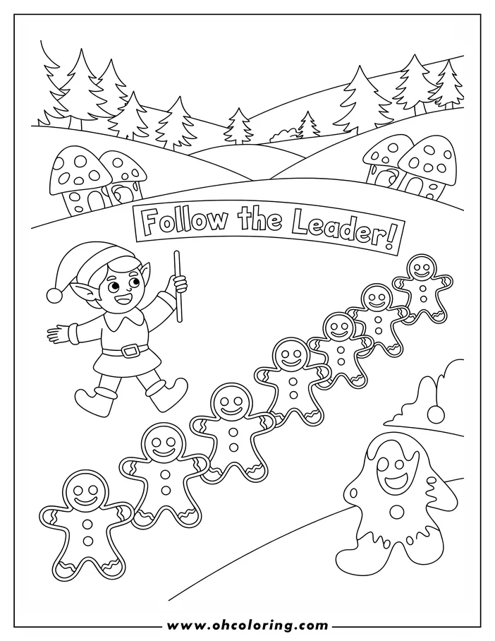 Line art of a Christmas elf leading a line of gingerbread men. There are trees and mushroom houses in the background.
