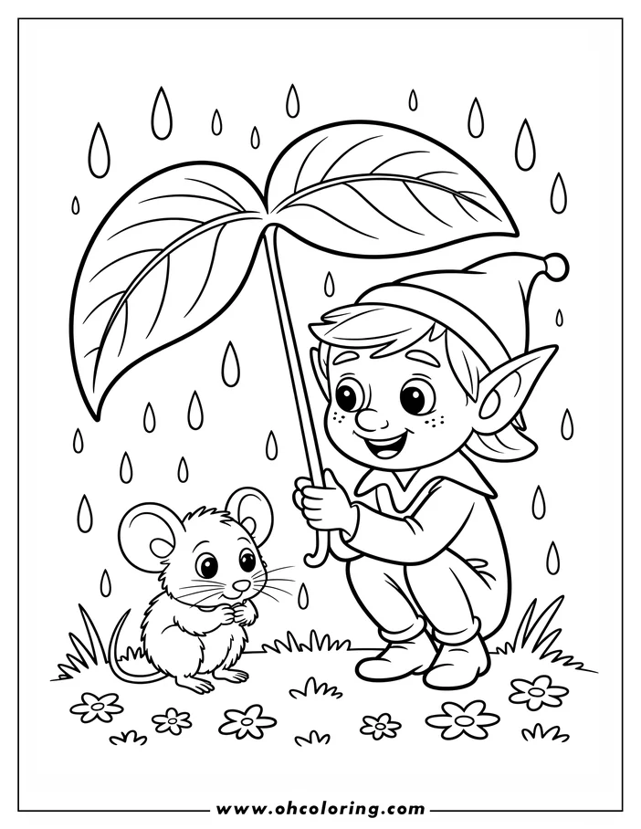 Line art of a Christmas elf holding an umbrella over a small mouse in the rain. Flowers and grass grow around their feet.