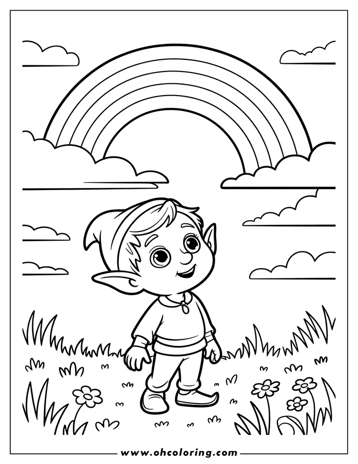 Outline of a Christmas elf looking up at a rainbow in a grassy field with small flowers and a Christmas ornament