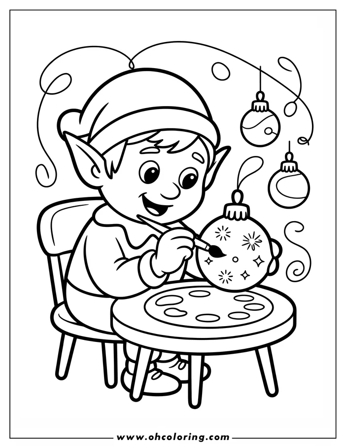 Line art of a Christmas elf sitting at a table, painting a detailed ornament with a small brush. Other ornaments are visible in the background.