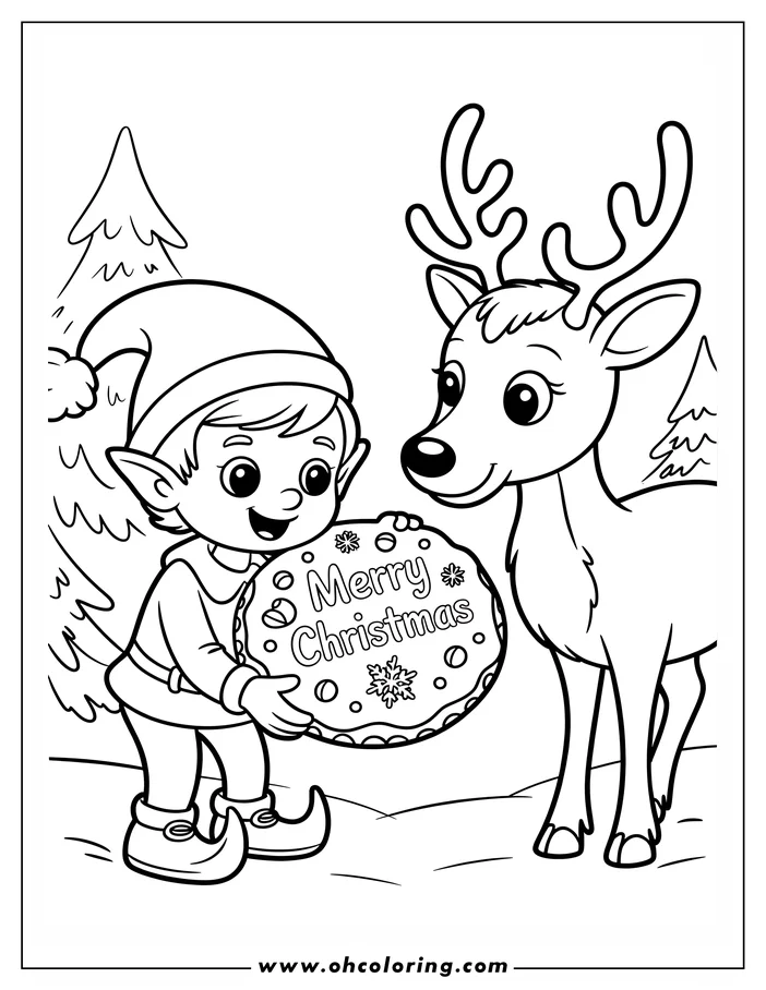A Christmas elf with a Merry Christmas cookie stands next to a reindeer. A stylized fir tree is in the background.
