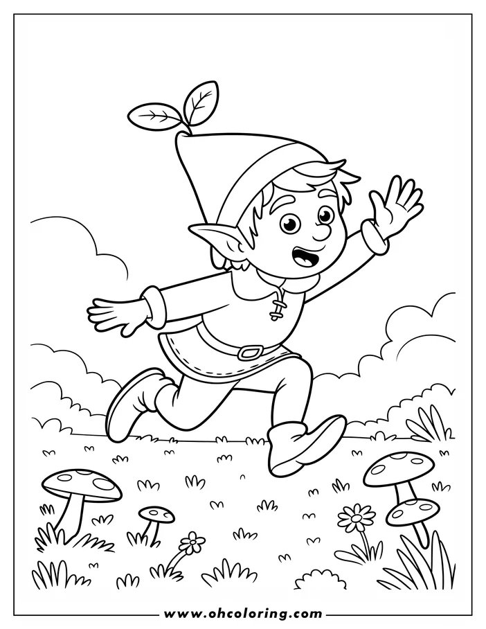 Outline of a Christmas elf running through a field of grass and mushrooms, waving cheerfully.