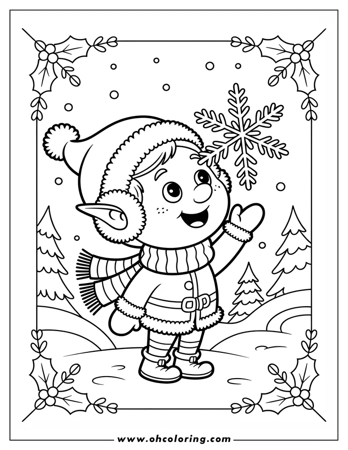 Line art of a Christmas elf holding a snowflake. The elf is dressed in winter clothes and stands in a snowy scene with trees and holly decorations.