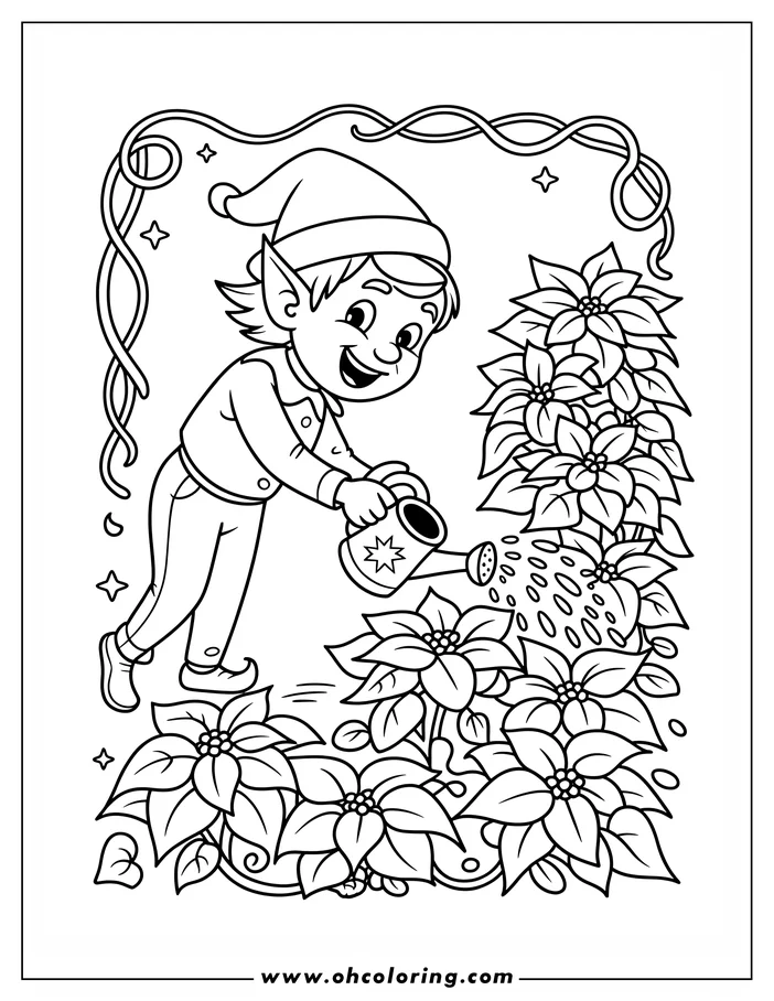 Line art of a Christmas elf watering poinsettia plants with a small watering can. The elf is smiling and surrounded by poinsettias.