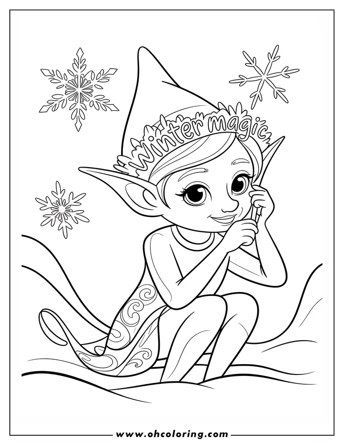 Line art of a Christmas elf wearing a "Winter Magic" hat, sitting with knees bent.