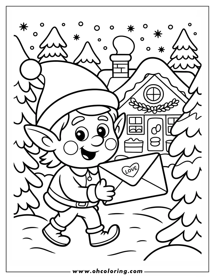 Christmas elf walking through the snow while carrying a love letter, with a gingerbread house and pine trees in the background