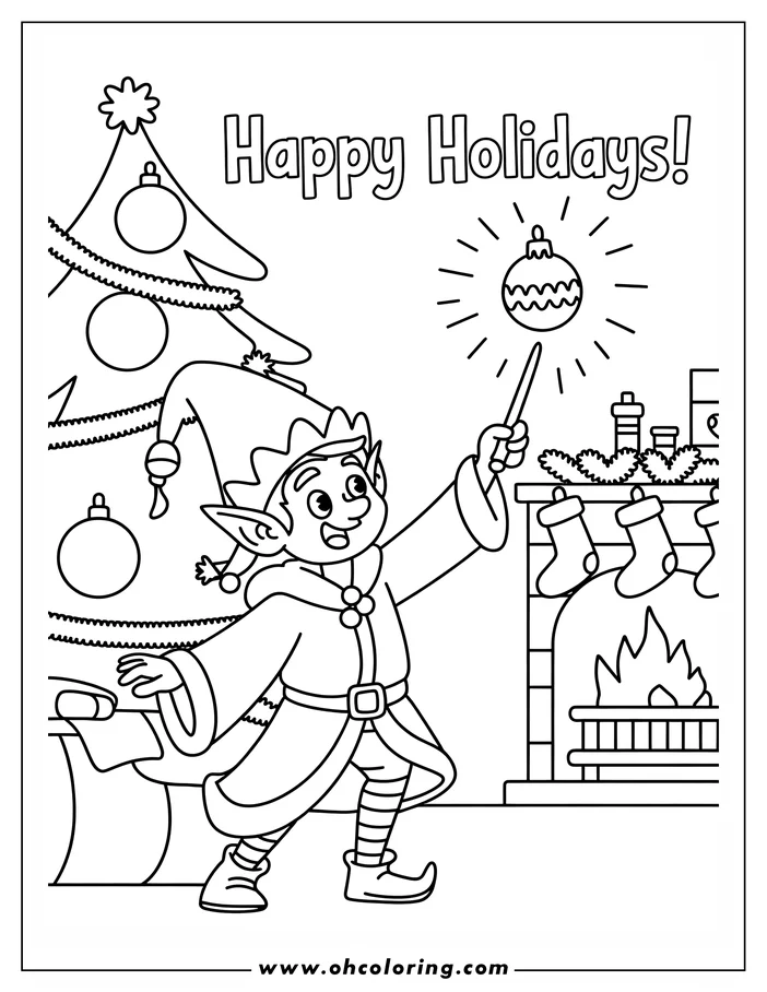 Line art of a Christmas elf holding a sparkling ornament near a fireplace and Christmas tree