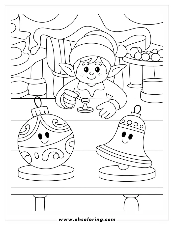 Line art of a Christmas elf decorating ornaments. The elf is seated at a table with a decorated bauble and a bell in front of them, and more holiday decor is visible in the background.