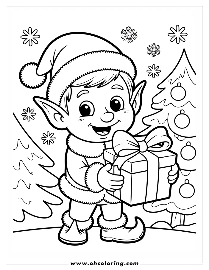 Line art of a Christmas elf holding a wrapped present near a decorated Christmas tree, with snowflakes in the background.