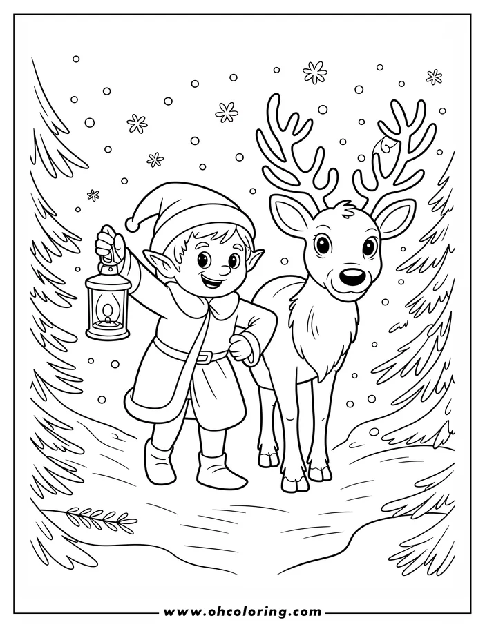 Line art of a Christmas elf with a lantern standing next to a reindeer in a snowy forest setting.