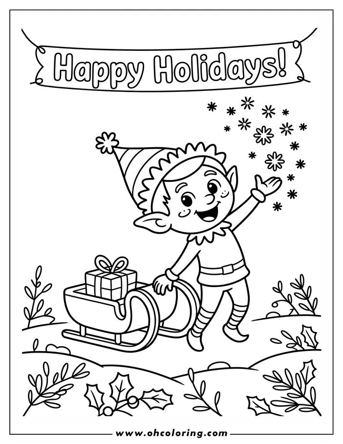 Line art of a Christmas elf pulling a sleigh with a present, surrounded by festive foliage.