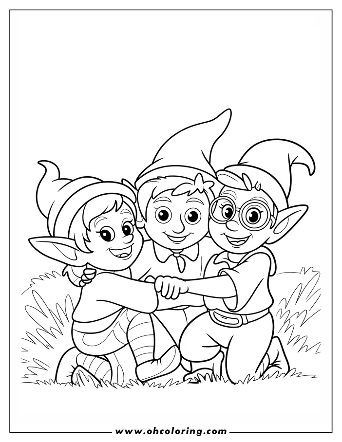 Line art of three Christmas elves holding hands in a field of grass.