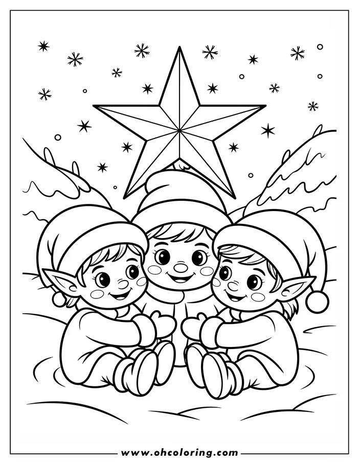 Three Christmas elves sitting under a star with snowy hills in the background.