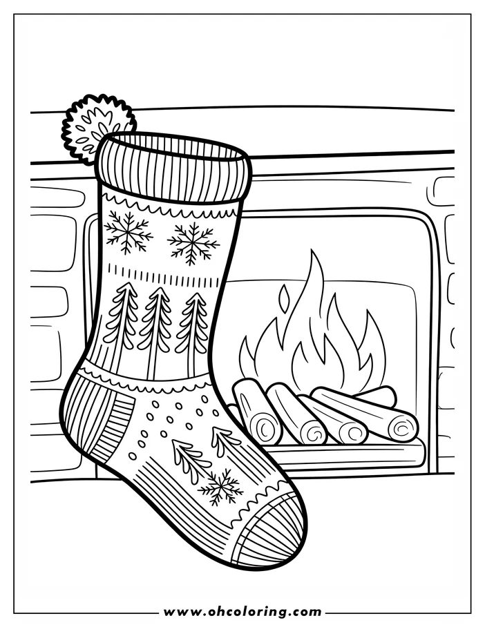 Line art of a Christmas stocking hanging on a fireplace mantel. The stocking features patterns of snowflakes and Christmas trees.  A fire burns brightly with logs in the hearth, creating a warm winter scene, ready for coloring.