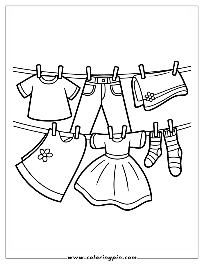 Line art of various clothing items, including a t-shirt, pants, towel, dress and striped socks hanging on a clothesline with clothespins.