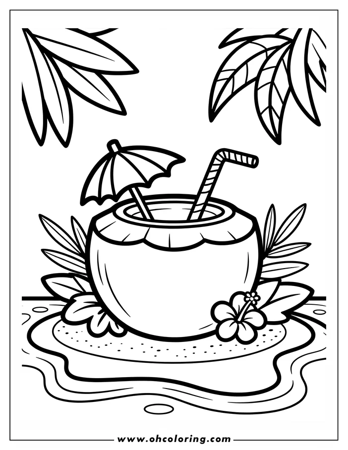 Line art of a coconut drink with umbrella and straw on a tropical island with hibiscus flower and leaves. Perfect for summer coloring fun.