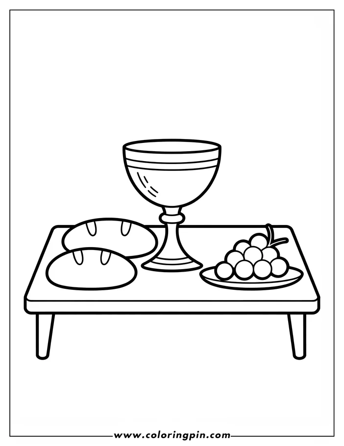 Line art of a communion table with bread, grapes, and a chalice