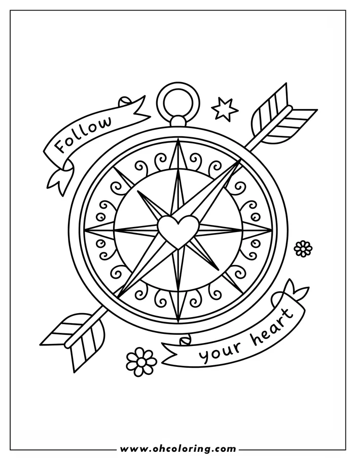 Valentine's Day coloring sheet: Line art of a compass with a heart at its center, crossed arrows, and banners that say "Follow" and "your heart." Simple and sweet design perfect for coloring.