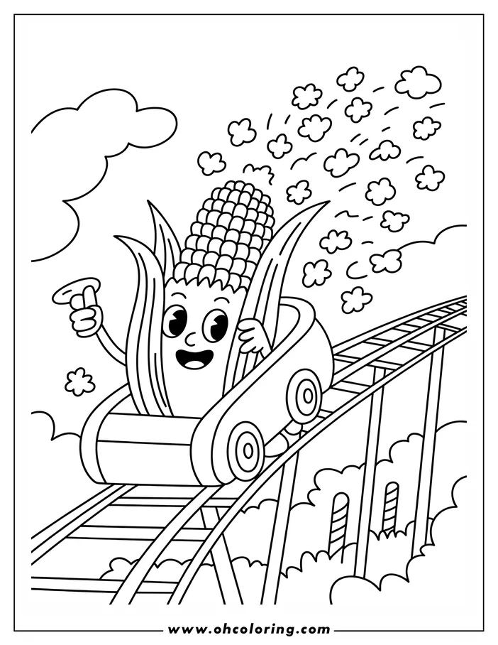 Whimsical line art of an anthropomorphic corn cob riding a rollercoaster. The corn has large eyes and a smiling expression, with one hand raised as if waving. Puffs of popcorn surround it, creating a sense of motion and excitement. The rollercoaster climbs upwards against a background of stylized clouds, perfect for coloring. The drawing offers a playful and dynamic scene for a coloring sheet.