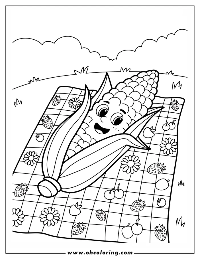 Coloring sheet design of a cheerful ear of corn on the cob lying on a picnic blanket. The blanket has a checkered pattern and is decorated with strawberries, apples, cherries, blueberries, and daisies. The corn has a happy expression.  Perfect for a vegetable or harvest-themed coloring activity.
