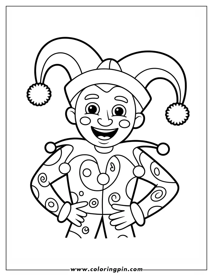 Outline of a cartoon court jester in a patterned outfit and three-pointed hat.