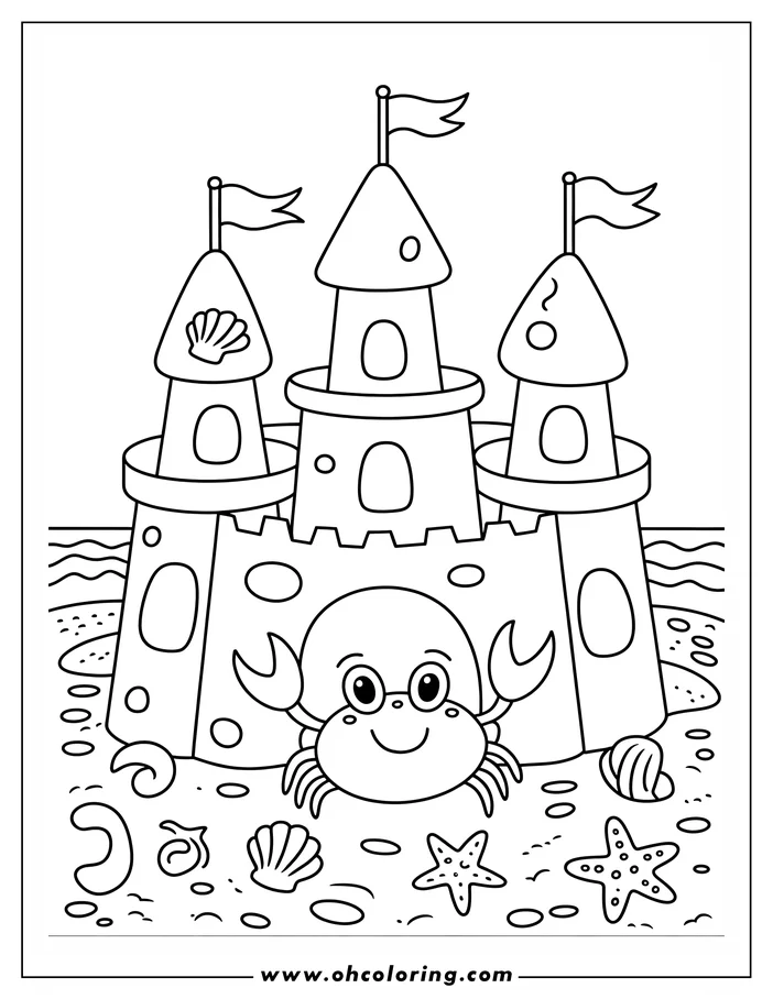 Line art of a cartoon crab near a sandcastle on a beach. Various shells and starfish surround the crab.