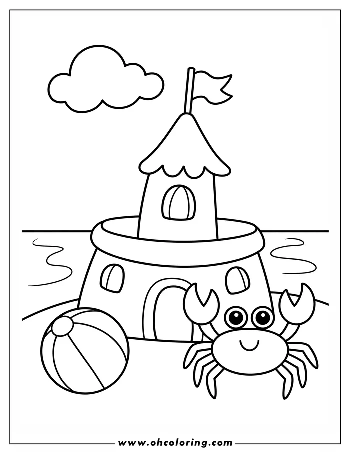 Line art of a beach scene featuring a smiling crab next to a sandcastle. A beach ball sits in the foreground, and the ocean is visible in the background. Designed as a coloring sheet.