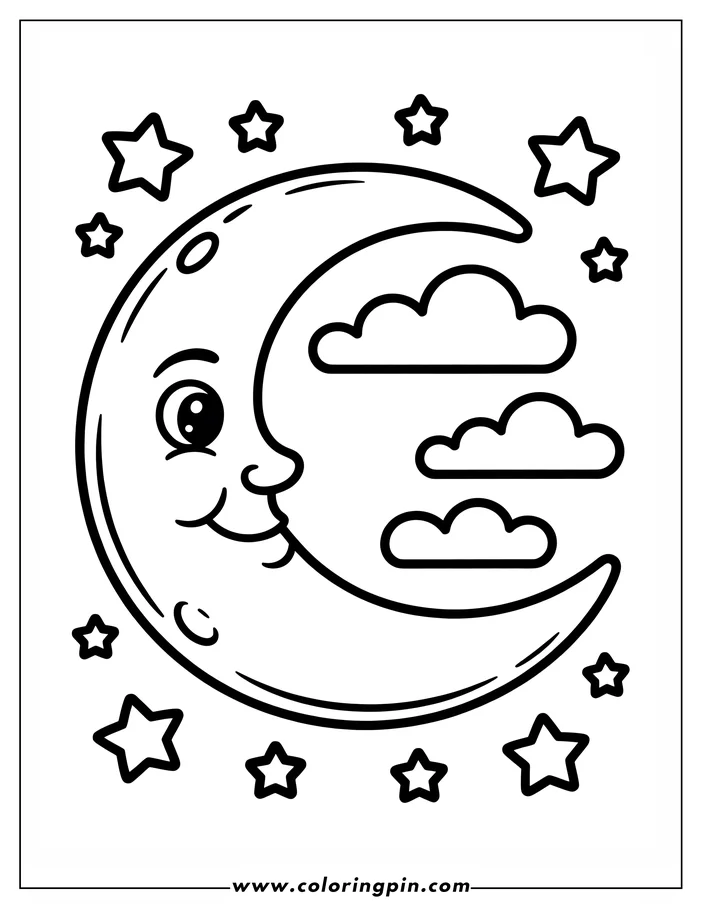 Line art of a smiling crescent moon with two simple clouds and several surrounding stars.