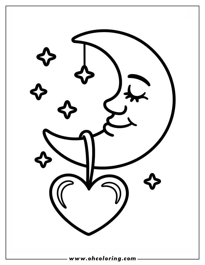 Line art of a smiling crescent moon with closed eyes, dangling a heart ornament from a small star. Several four-pointed stars decorate the background. This is a Valentine's Day coloring page design.