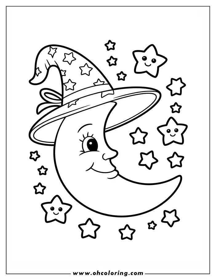 Line art of a smiling crescent moon wearing a witch hat among stars. Some stars have friendly faces.