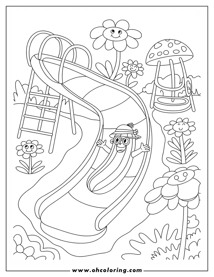 Line art of a cucumber wearing a hat and goggles, sliding down a playground slide.  Smiling flowers and other playground elements decorate the scene, creating a playful coloring sheet design.