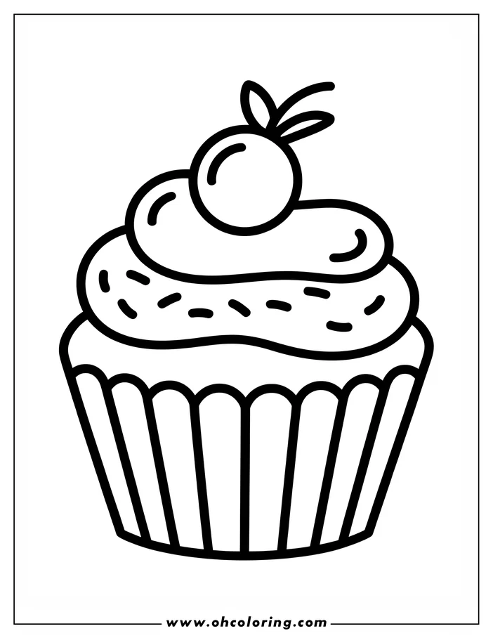 Line art of a cupcake with frosting, sprinkles, and a cherry on top