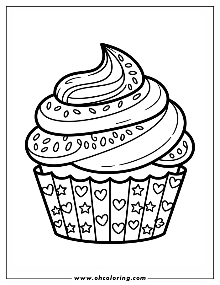 Line art of a cupcake with swirled frosting in a liner decorated with hearts and stars.