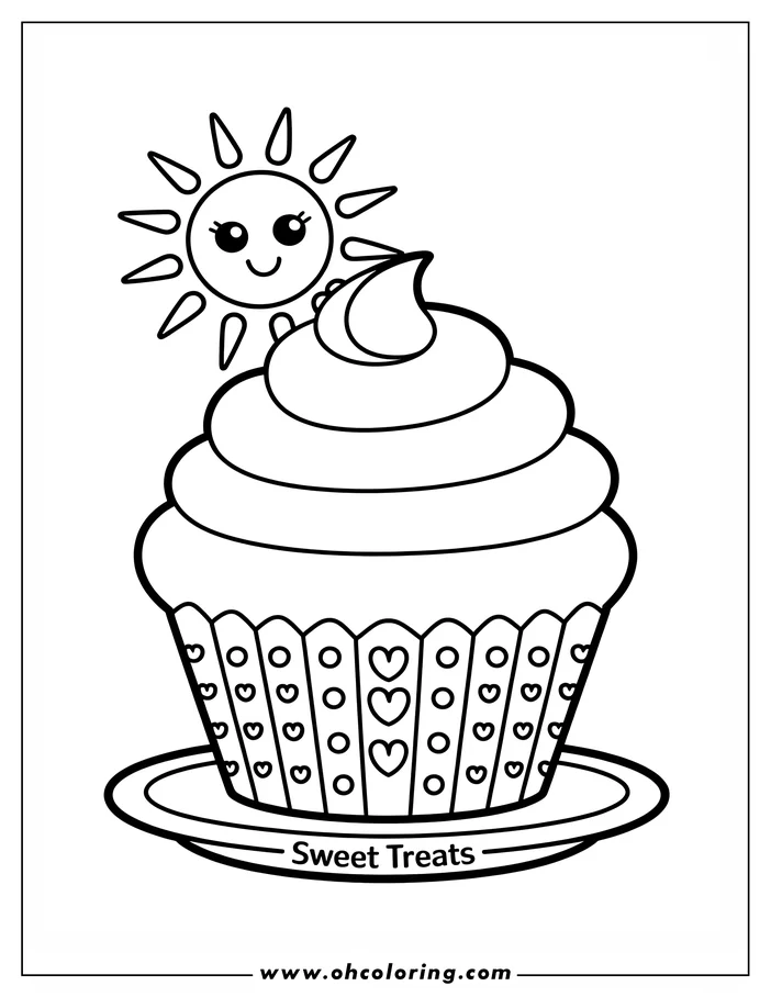 Outline of a cupcake on a plate, with a smiling sun above