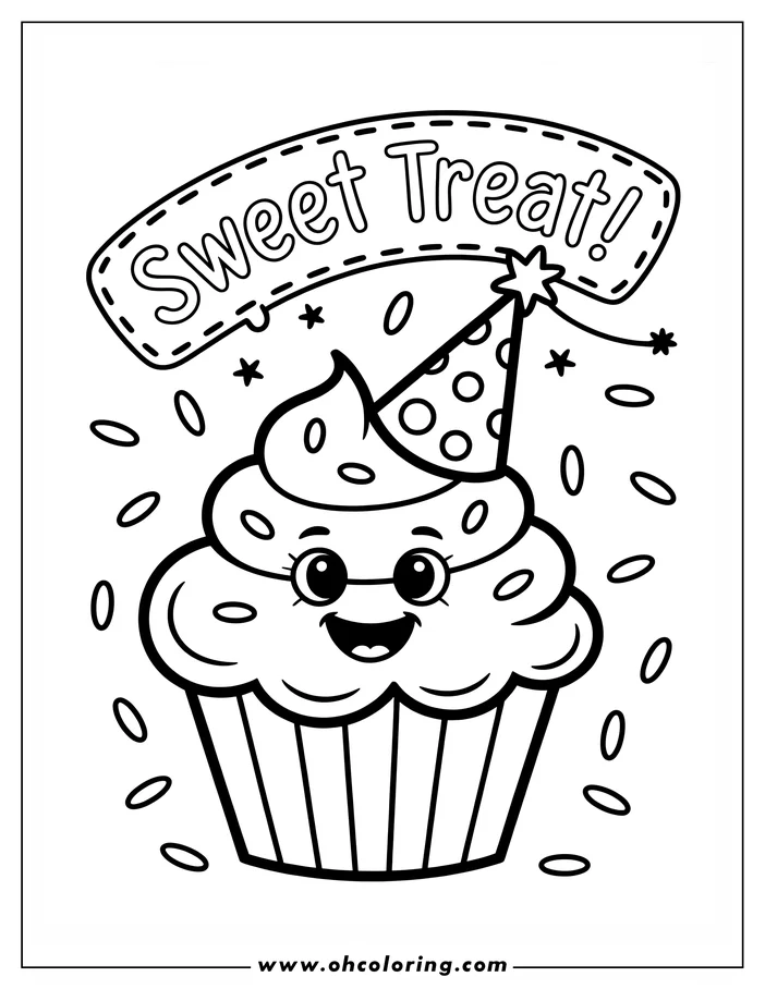 Line art of a smiling cupcake wearing a dotted party hat, surrounded by sprinkles.
