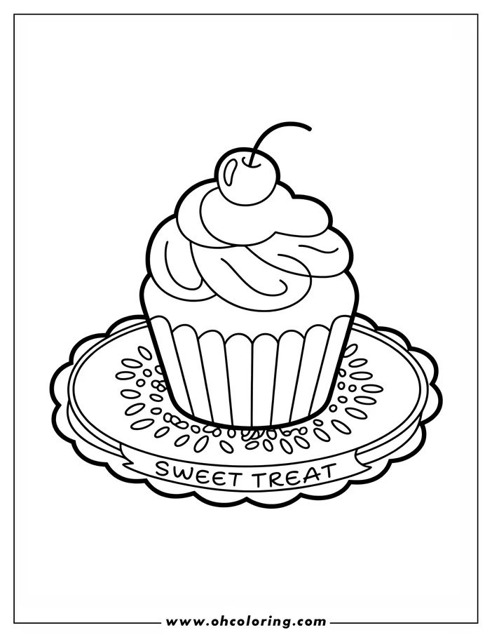 Outline of a cupcake with swirled frosting and a cherry on top, sitting on a decorative plate labeled 'Sweet Treat'.