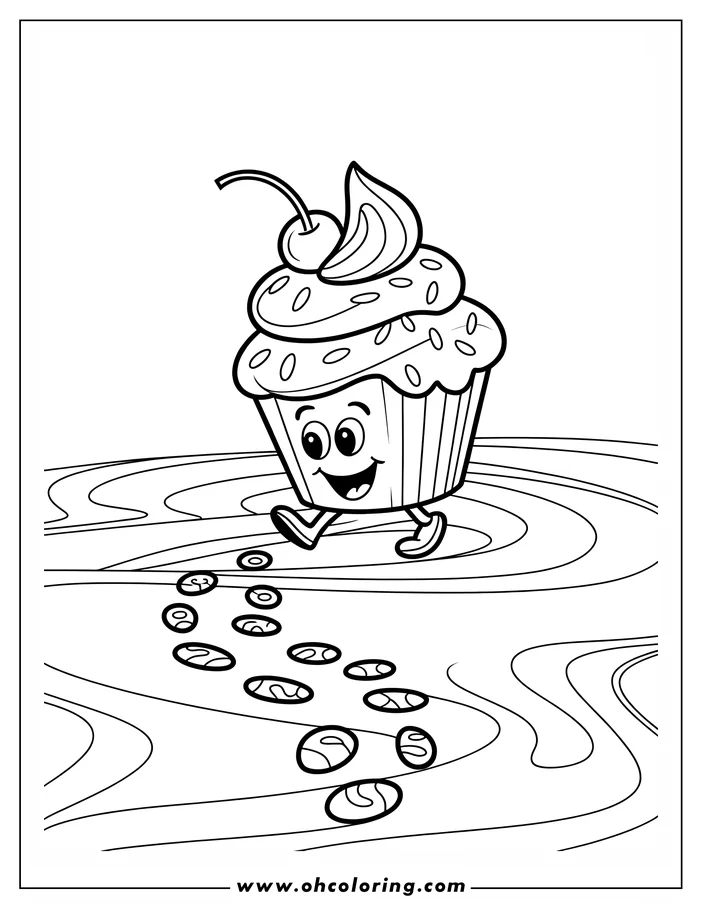Line art of a walking cupcake leaving a trail of sprinkles. It has frosting and a cherry on top.