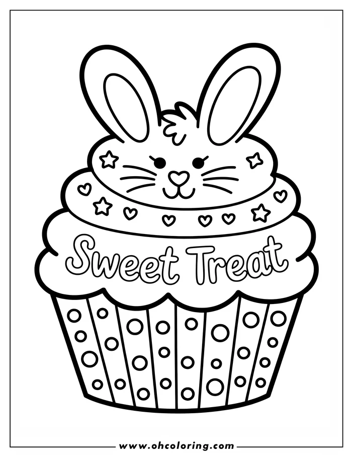 Outline of a cupcake decorated with a bunny face, hearts, and stars.