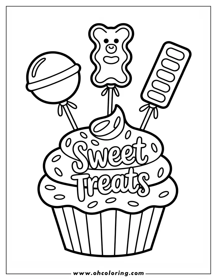 Line art of a cupcake with frosting, sprinkles, and three candies: a round lollipop, a gummy bear, and a rectangular one.