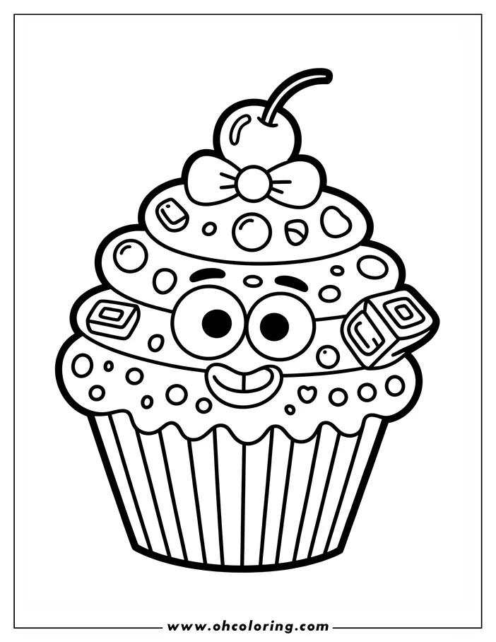 Line art of a cupcake with a smiling face, decorated with frosting, candies, a cherry, and a bow.