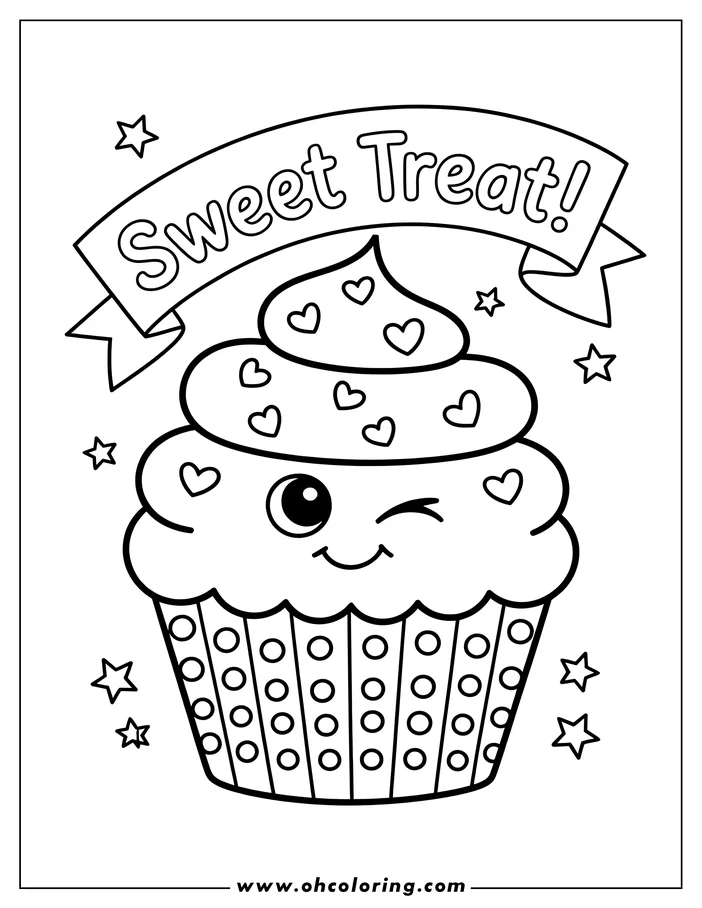 Outline of a cute, winking cupcake with heart sprinkles, swirled frosting, and a "Sweet Treat!" banner. Stars decorate the background.