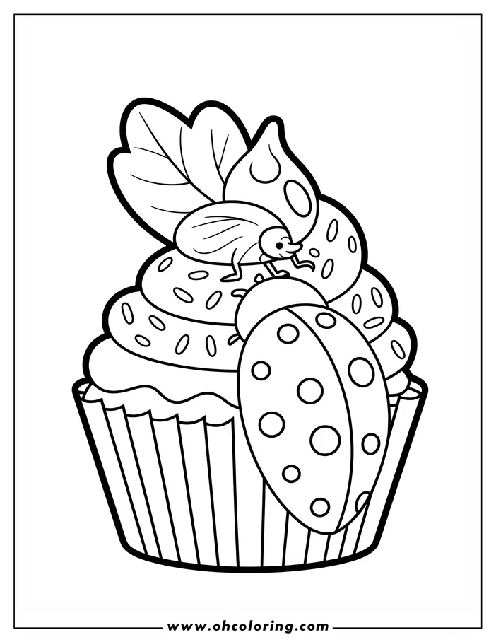 Line art of a cupcake decorated with frosting, a strawberry, a ladybug, and a small insect.