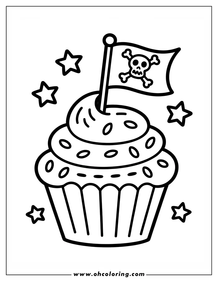 Line art of a cupcake with a pirate flag on top and surrounded by small stars.