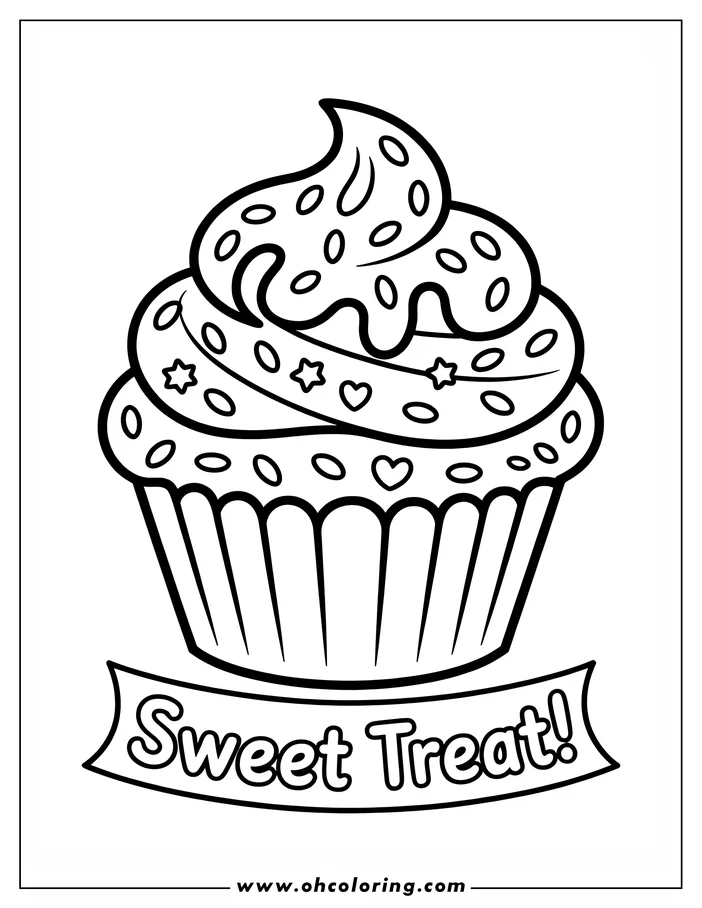 Line art of a cupcake with a swirled frosting top, decorated with sprinkles, hearts, and stars. A banner below the cupcake reads "Sweet Treat!".